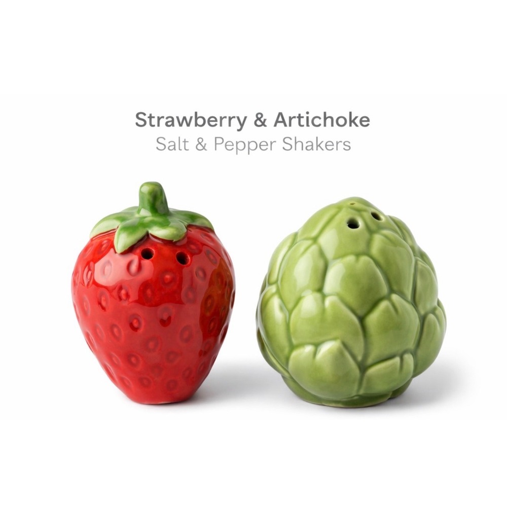 Ceramic Strawberry and Artichoke Salt and Pepper Shaker Set Red Green Glossy